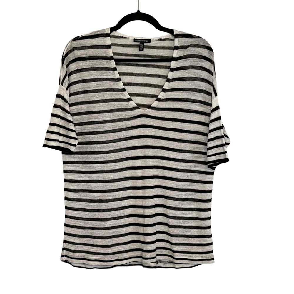 Eileen‎ Fisher Organic Linen Blend Striped V-Neck Short Sleeve Sweater Top